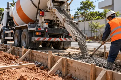 Caminhão betoneira descarregando concreto por calha