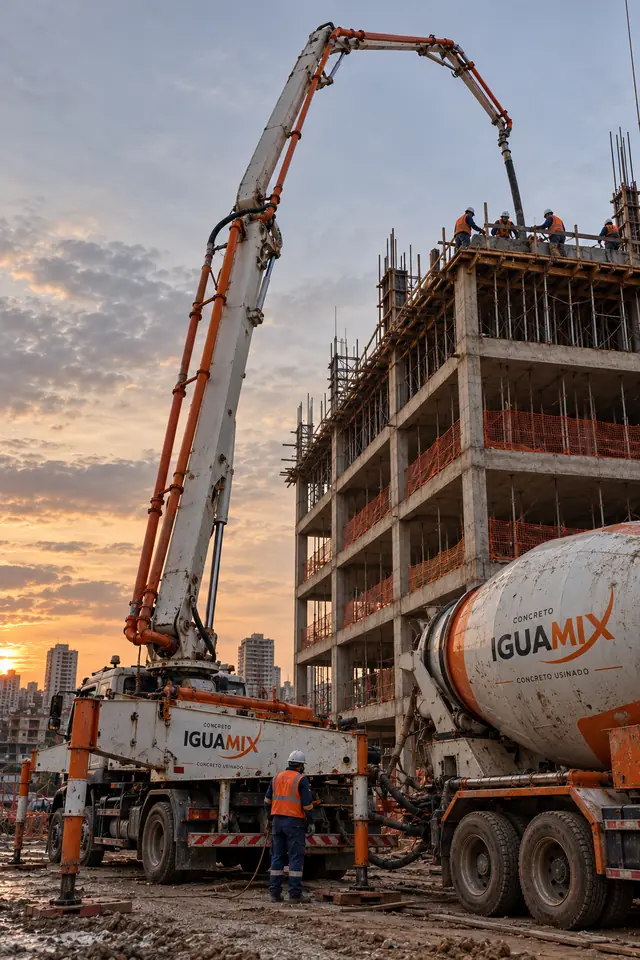 Bomba-lança lançando concreto em obra